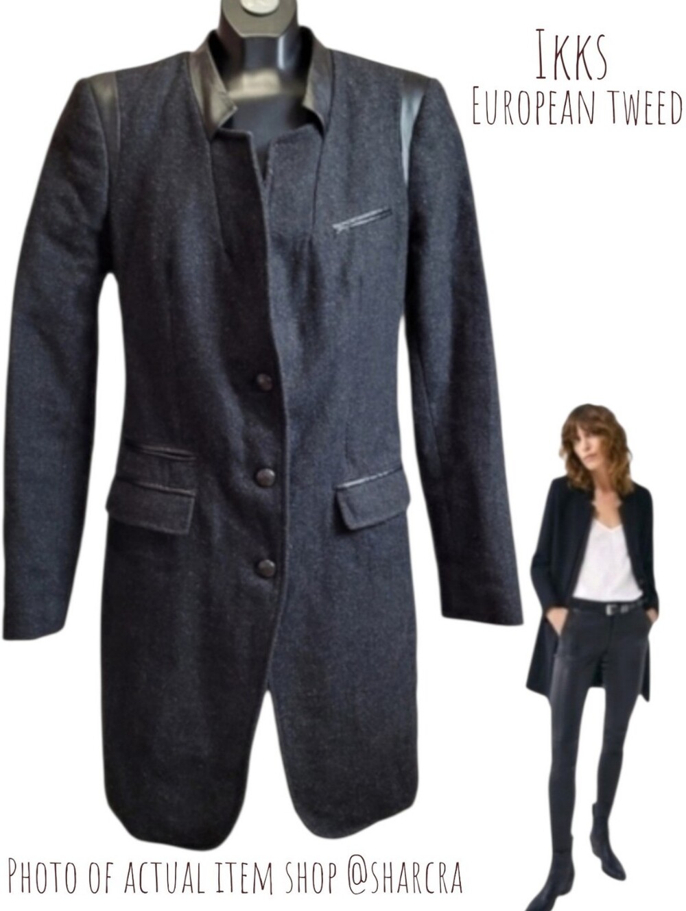Ikks Women's European tweed Button-down Long blazer Black faux leather trim Lg